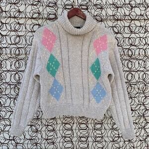 Vintage 90s pastel argyle turtleneck crop sweater cottagecore gorpcore SMALL